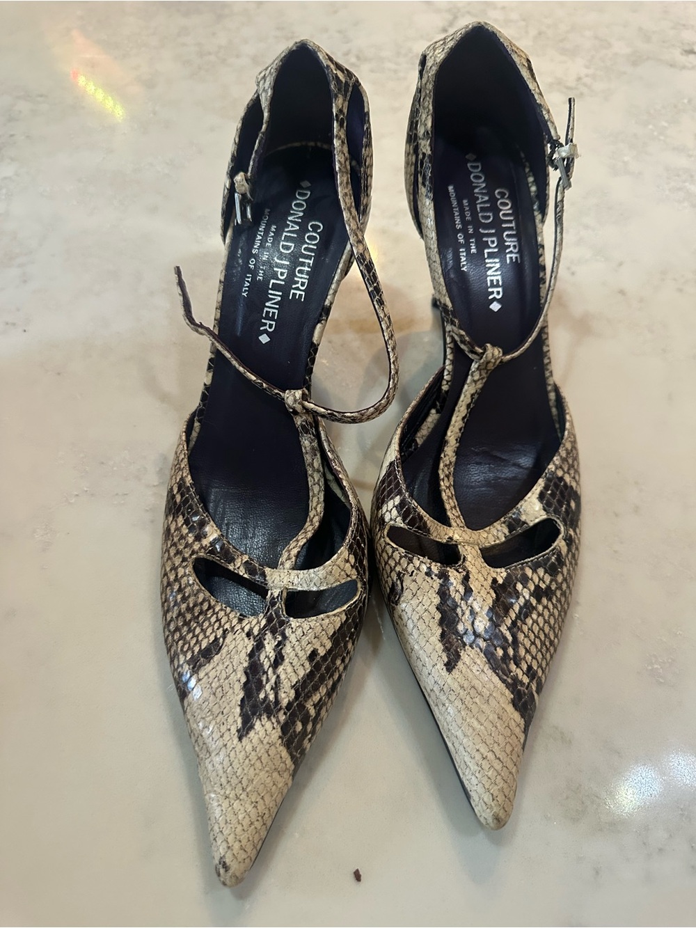 Donald J. Pliner Beige Snake-Print Pointed-Toe Ankle-Strap Pumps